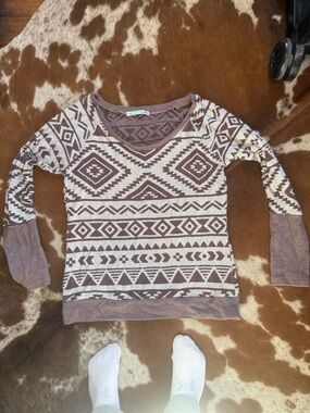 Geometric Tribal Knit Sweater - Brown and Cream
